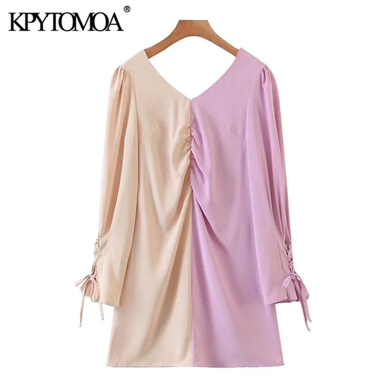 KPYTOMOA Women 2020 Chic Fashion With Tied Patchwork Mini Dress Vintage Long Sleeve Back Zipper Female Dresses Vestidos Mujer KPYTOMOA Women 2020 Chic Fashion With Tied Patchwork Mini Dress Vintage Long Sleeve Back Zipper Female Dresses Vestidos Mujer