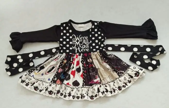 

Best selling long-sleeved poker girl dress white dot black kids dress party dress