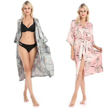 

Sexy Bridesmaid Robes for Women Japanese Style Gown Knee Length Yukata Dress Silk Crane Print Home Wear Sleepwear Bathing Robe