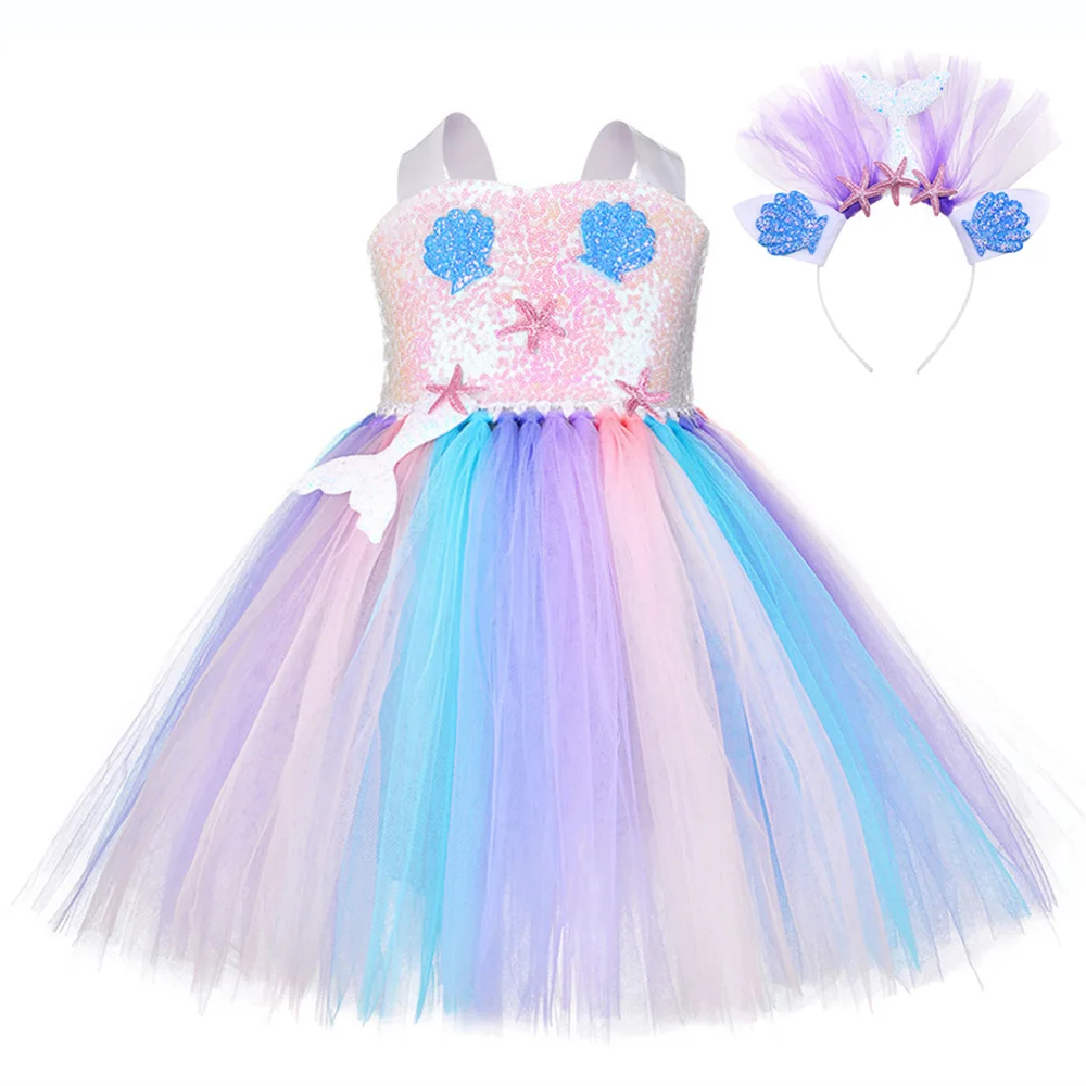 Платье принцессы Ариэль с блестками; костюмы русалки на день рождения для девочек; Детские платья с рисунком морской звезды; одежда для фотосъемки