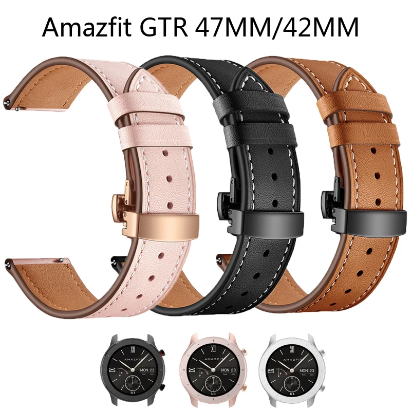 Correas de cuero para Huami amazfit GTR, 42mm, 47mm, pulsera inteligente,  22mm, 20mm, hebilla de Metal de mariposa