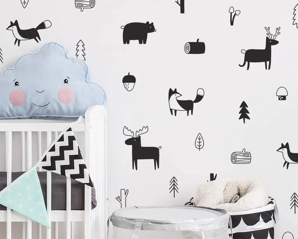 Nordic Style Forest Animal Wall Decals for kids Woodland Tree Nursery Vinyl Art Wall Stickers Children Room Modern Home Decor