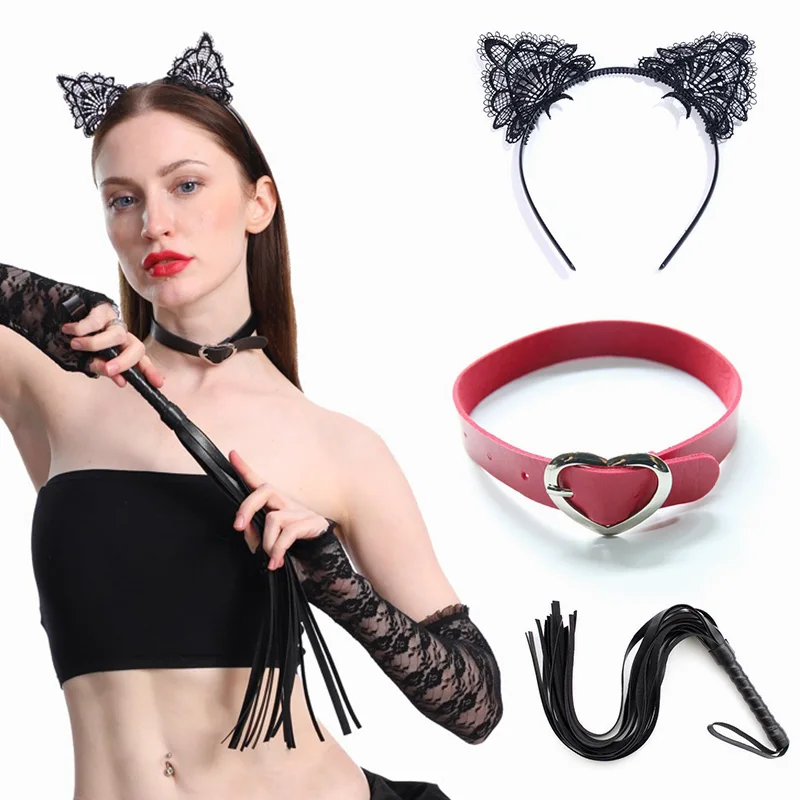

Necklace Choker Sexy Accessories Set Spanking Flirting Leather Whip Cosplay Lace Cat Ears Sexy Hair Band Headdress Toy Gift
