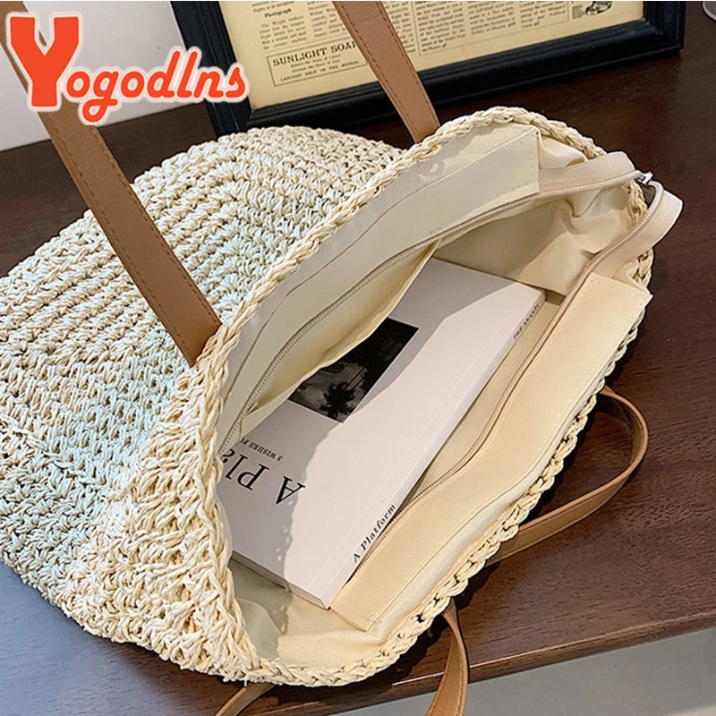 Yogodlns Summer Large Capacity Straw Shoulder Bag Rattan Beach Bags Woven Handle Bag Casual Lady Totes Shopping Handbag Clutch