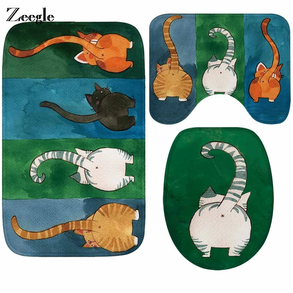 Zeegle Cartoon Cat Printed Bathroom Mats Set Anti-slip Bath Rugs Bathroom Floor Mats Washable Bathroom Carpets Bath Mat Set