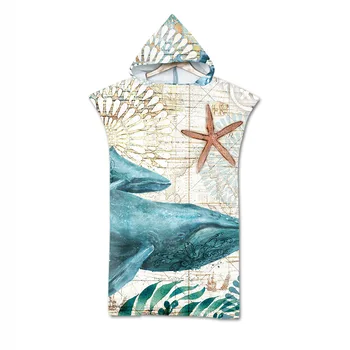 

Adult Hooded Bath Towel Microfiber Bath Towel Marine Life Printed Beach Towel Bathrobe Absorbent Quick Dry Hooded Bathroom Towel