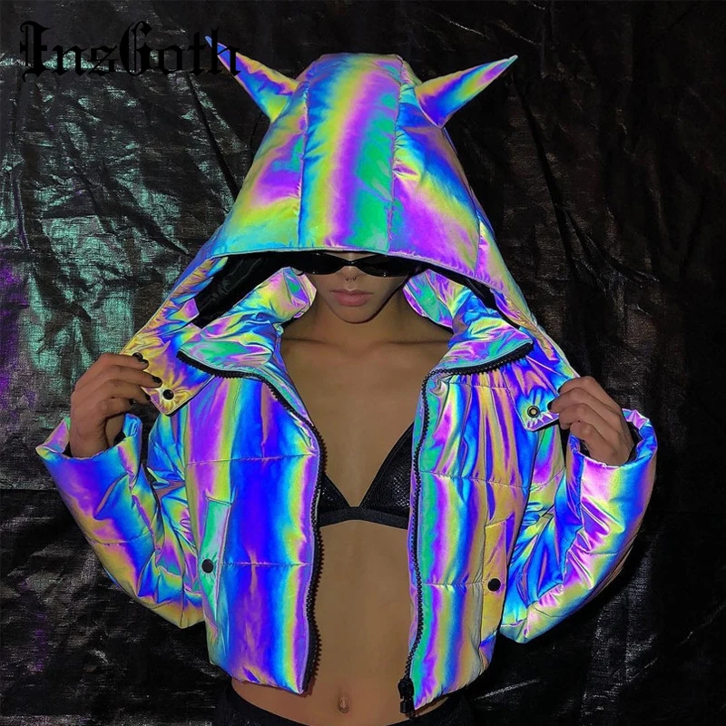 

InsGoth Winter Warm Coat Parkas Streetwear Fashion Colorful Reflective Short Coats Jackets Gray Punk Hip Hop Gothic Lady Coats