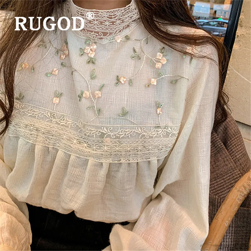 RUGOD, элегантный кружевной топ, белая рубашка, вышивка, туника для женщин, блузки с длинным рукавом, Boho Chic, корейская мода, одежда, половина воротника