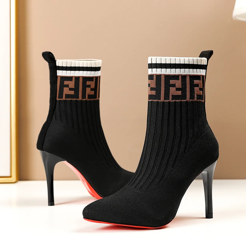 

2020 Spring/Autumn New Women Knitted Stretch Fabric Super High Sock Boots Red Bottom High Heels