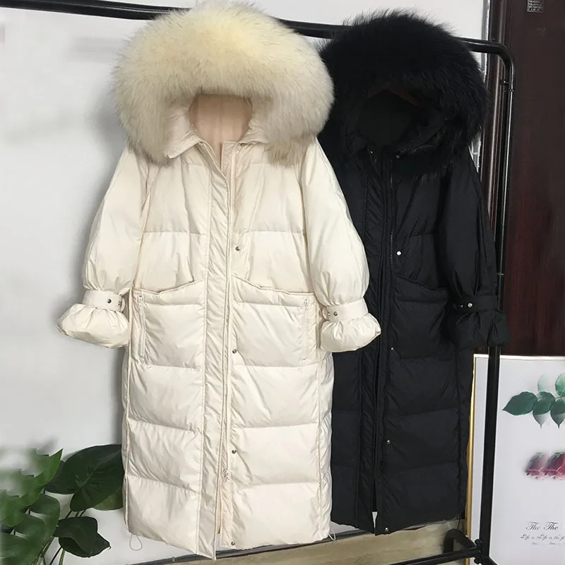 Длинный пуховик из натурального меха енота для похудения теплое плотное бежевое худи женские куртки Высококачественная Модная легкая верхняя одежда пальто - Цвет: Бежевый