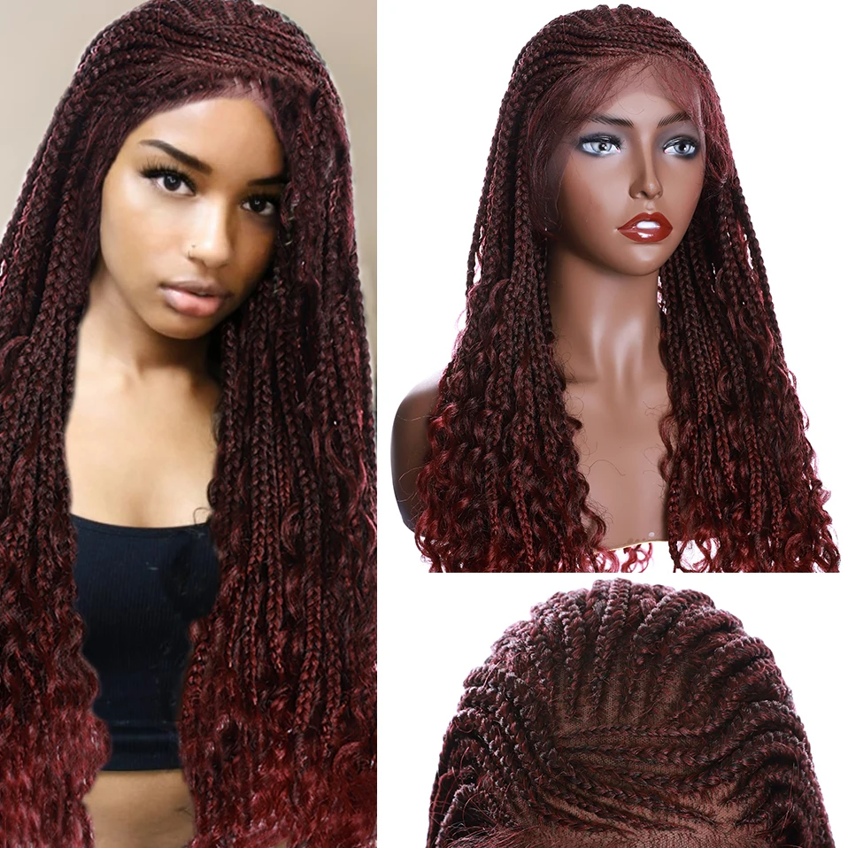 S-noilite 26inch Synthetic Braided Lace Front Wig Daily Use Red Brown Ombre Box Braid Hair Wigs With Baby Hair For Women