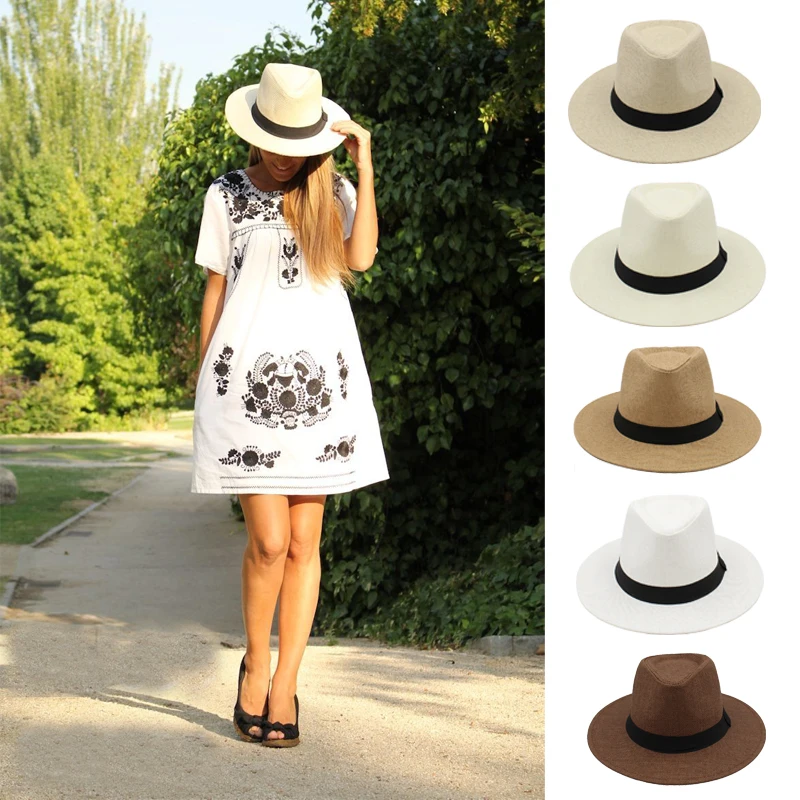 

Men Women Straw Panama Hats Summer Wide Brim Bowtie Band Fedora Sunhats Trilby Caps Outdoor Beach Travel Size US 7 1/4 UK L
