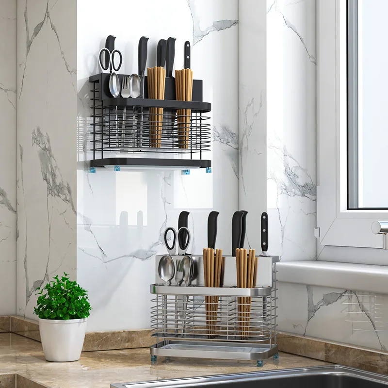 

Wall-mounted 304 Stainless Steel 2 in 1 Kitchen Sink Stand Storage Rack for Knives Holder and Cutlery Organizer Container Tools