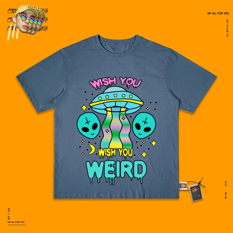 Camiseta, уличная одежда, топ, эстетика, уличная одежда, Harajuku, пара, индивидуальная, Ins, ручная роспись, Паровая волна, инопланетянин, НЛО, круглый вырез - Цвет: Cowboy blue