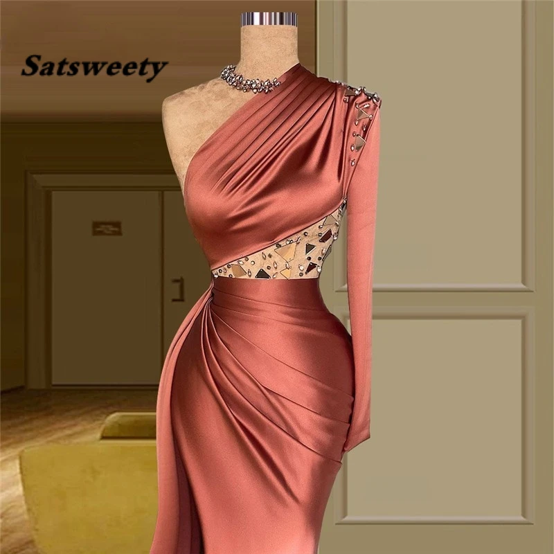 Exquisite Light Brown Satin Mermaid Prom Dresses One Shoulder Long Sleeve Dimond Pleats Floor Length Evening Gowns 2022 blue prom dresses