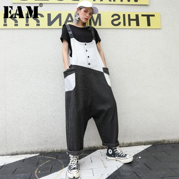 

[EAM] High Waist Contrast Color stitch Denim OverallsTrousers New Loose Fit Pants Women Fashion Tide Spring Autumn 2020 1S307