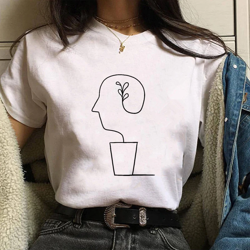 Women Shirt Elegant Creative Line Art T Shirts Summer Casual Abstract Simple Tshirts Top Korean Harajuku Ulzzang White T-shirts | Женская