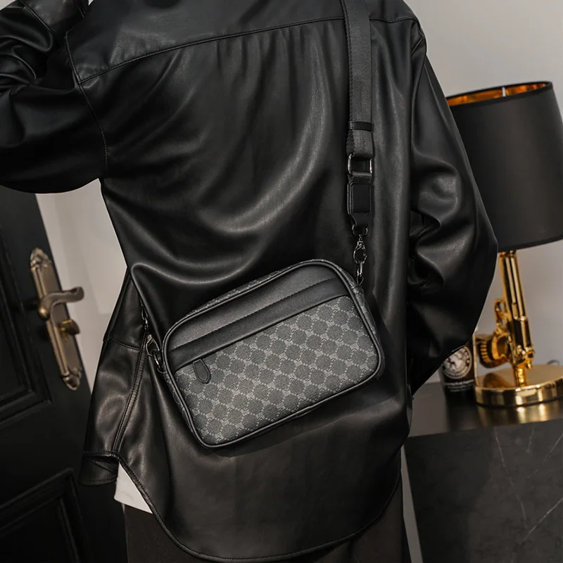 Sacoche Bandoulière Luxe à Carreaux Cuir Homme Noir OO