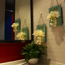 Top-Set of 2 Mason Jars Sconce, Rustic Home Decor Wall Wood Art Sconces Hydrangea Flowers LED Fairy Lights for Country House Off