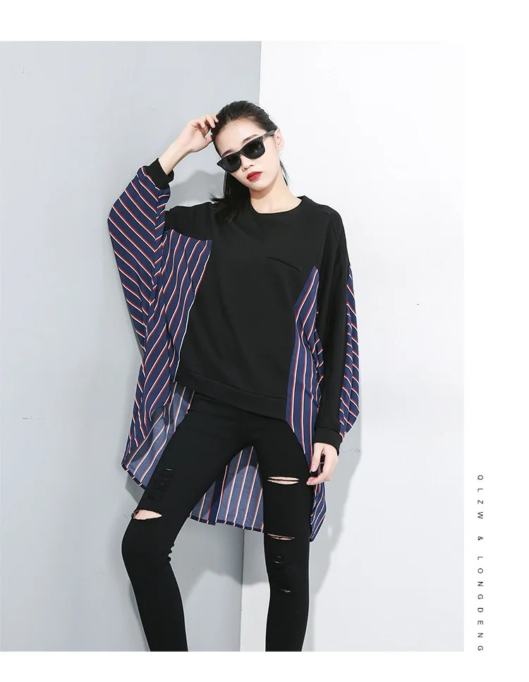 TVVOVVIN Autumn New Stitching Striped Round Neck T-shirt Women Cotton Wild Casual Ladies T Shirts Bat-wing Sleeve Tops X045