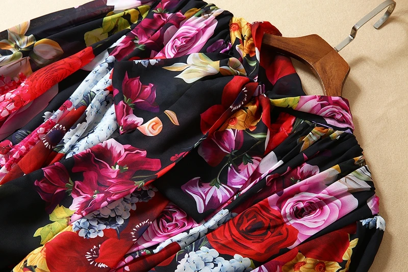 Red RoosaRosee Designer Women Spring Autumn Bow Collar Flower Print Long Sleeve Long Maxi Dress Elegant Boho Vestidos Robe Femme