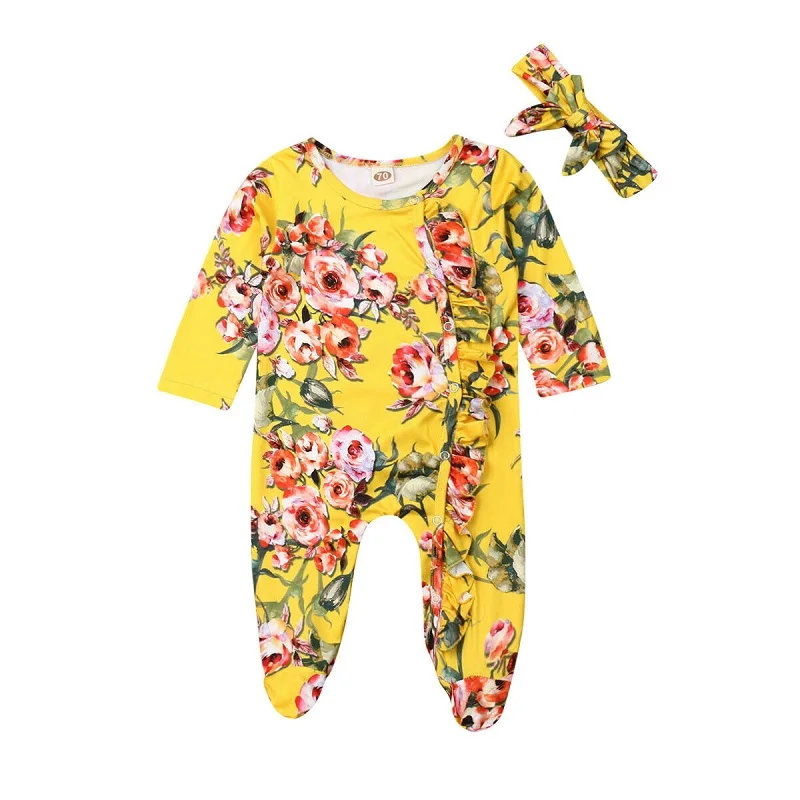  2019 Autumn Newborn Infant Baby Girl Floral Dot Clothes One-Pieces Romper Jumpsuit Headband 2Pcs Ou