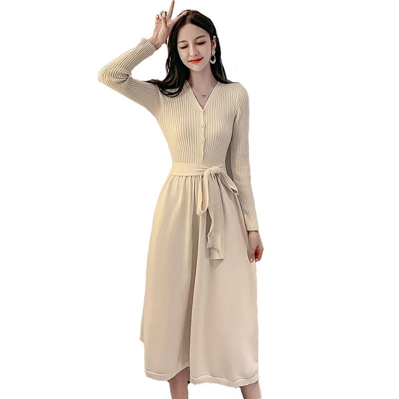 

Winter Dress Autumn Fashion 2019 Women Sweater Dresses V-neck Fit and Flare Knitted solid Full Sleeve Casual Long Femme Vestidos