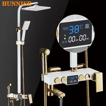 Cheap Hot And Cold Bathroom Shower System Waterfall Rainfall Shower Faucet White Gold Modern Bathroom Shower System Digital Screen Tap