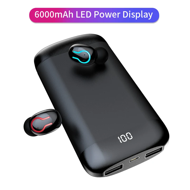 Baratos Auriculares estéreo HD Bluetooth V5.0 auriculares deportivos a prueba de agua con micrófono Dual y auriculares inalámbricos de Banco de energía de 6000mAh