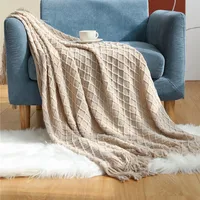 Textile City Faux Cashmere Sofa Blanket Cover Nordic Style Knit Plaid Throw Tassels Bedspread Golden Blanket for Spring Summer 4