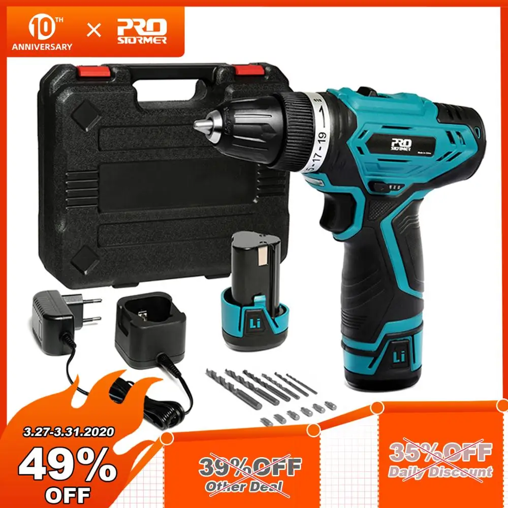 

PROSTORMER 12V Cordless Drill 3/8-inch Electric Driver 19+1 Torque Gear Rechargeable Household with Drill Sets Mini Power Tools