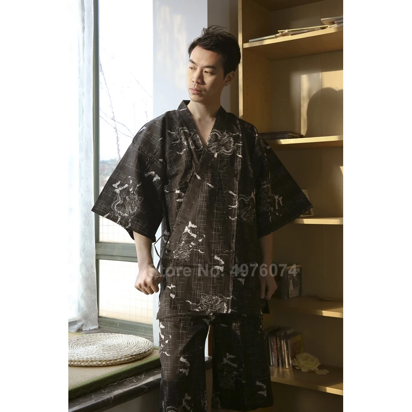 2PCs Set Japanese Kimono Samurai Men Sleepwear Pajamas