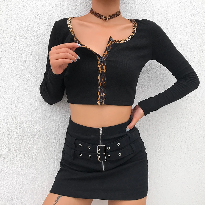 IAMSURE 2020 Autumn Streetwear Fashion Long Sleeve Women Cardigan Blouses Cheetah Patchwork Fitness y2k Female Cropped Shirt