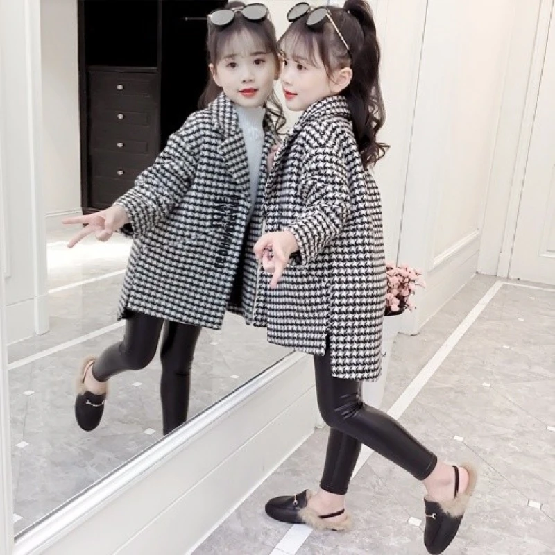 

ins hot girls Woolen coat 3-13 years old Houndstooth thick coat Children's wear girls spring and autumn models woolen coat long