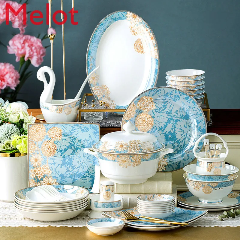 

Household New Chinese Style High-End Color Value Bone China Tableware Bowl Plate Light Luxury National Style Bowl Dish Ceramic
