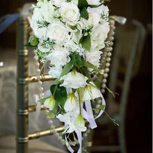 Buquê de pérolas artificiais cascata branca, flores de madrinha buquê de mão de casamento, buquê de rosas