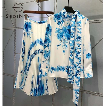 

SEQINYY Women Fashion Set 2020 Spring Autumn New Fashion Design Women Blue Flowers Print Shirt + Pleated Midi Skirt Elegant Suit
