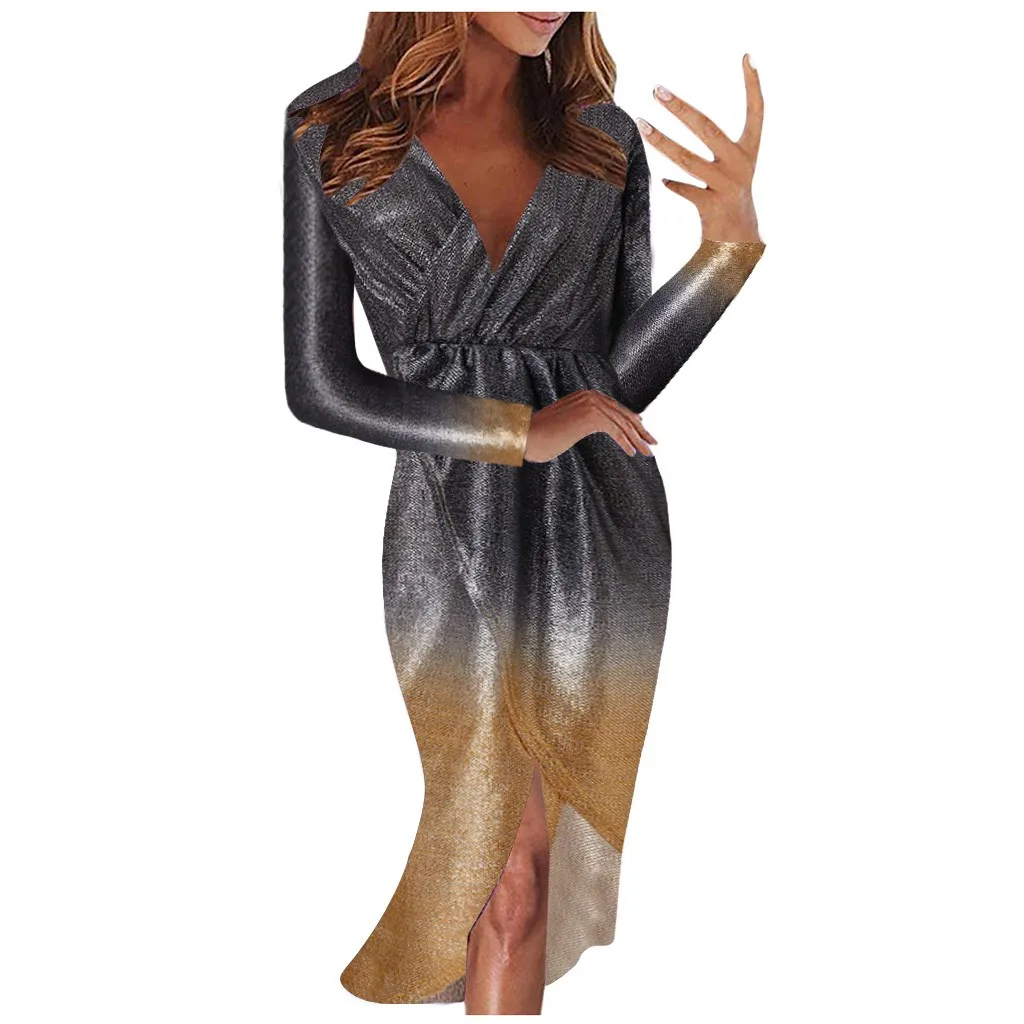 Sexy V-neck High Slit Party Dress Women Glitter Sequined Bodycon Spring Long Sleeve Midi Tunic Female Vestidos | Женская одежда