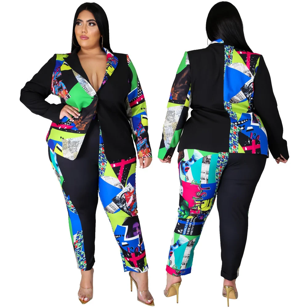 

Harem Pants Blazer Womens Two Piece Sets Plus Size Printed Single Breasted OL Business Womens Tracksuit