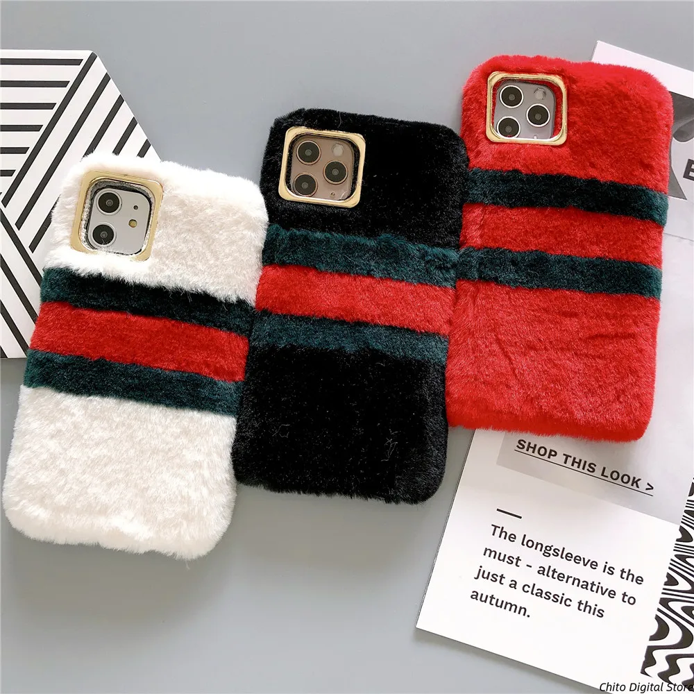 

Fashion Retro Furry Stripe Geometry Case for IPhone X Xr Xs 11 Pro Max Plush Touch Fluffy Warm Fur Soft for Iphone 8 7 6 6s Plus