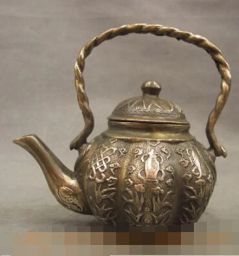 S1534 Китай Китайский Бронзовый медная резная 8 цветовой символ чайник скульптура