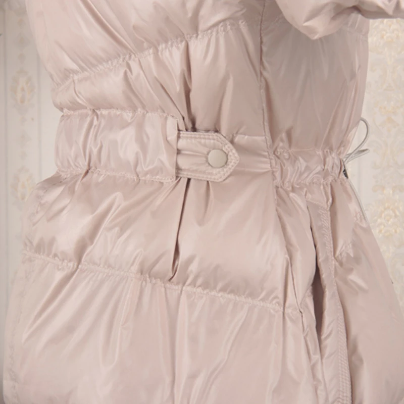 Элегантное плотное бежевое длинное женское теплое пальто на утином пуху, Модная парка, женская зимняя куртка, облегающие Женские куртки уникального стиля