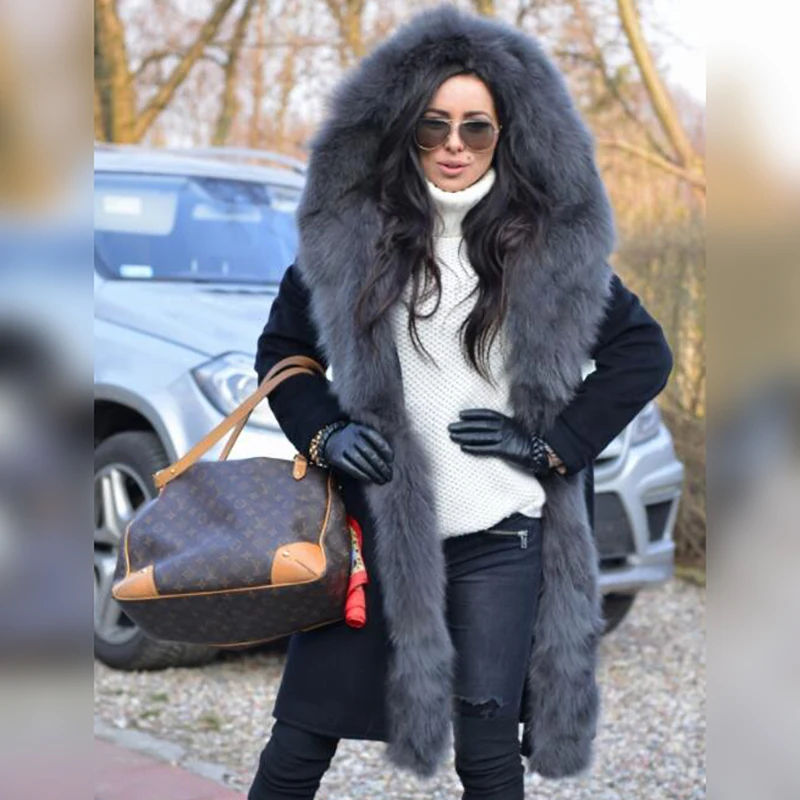 Winter Fashion Natural Fur Coat With Hood Long Wool Blends Fox Fur Coat Woman Luxury Outwear 2022 Trendy Cashmere Overcoat Woman