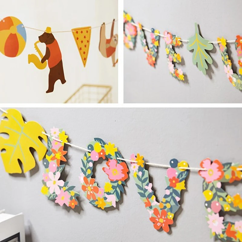 Pull flower Creative Banner Happy Birthday Party Baby Shower Kids Favors Forest Animals Bunting Garland Supplies