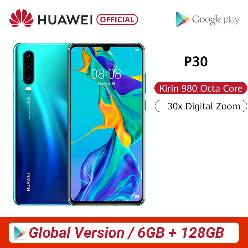 Huawei P30 с глобальной версией, 6 ГБ, 128 ГБ, Kirin 980, смартфон с 30x цифровым зумом, четырехъёмная камера 6,1 дюйма, полноэкранный OLED, NFC, 3650 мАч