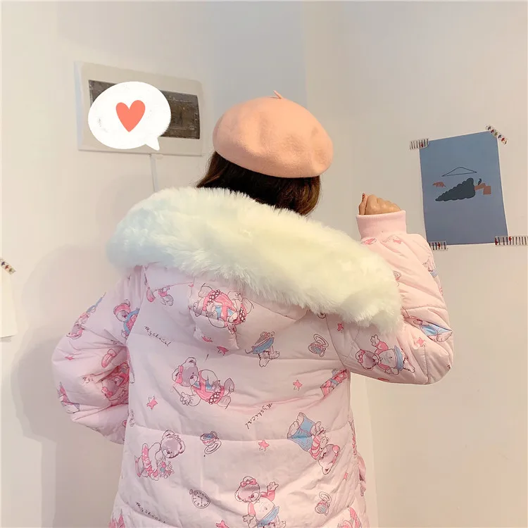 Harajuku милая Лолита Мягкая симпатичная повязка для девочек с принтом медведя пальто с капюшоном японская теплая женская верхняя одежда с меховым воротником Mori Girl куртка