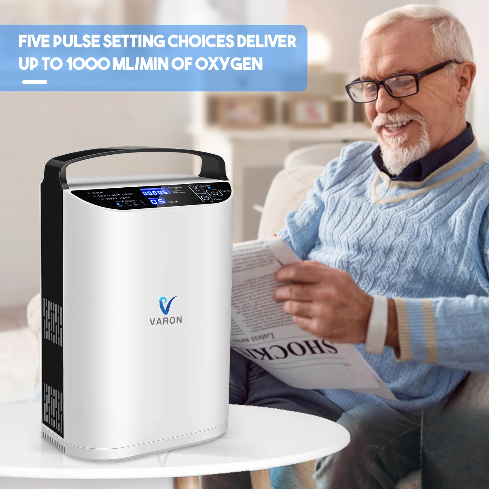 Portable 5L Oxygen Machine Pulse Flow Oxygen Concentrator for Medical Home Use Travel Outdoor Care with Battery