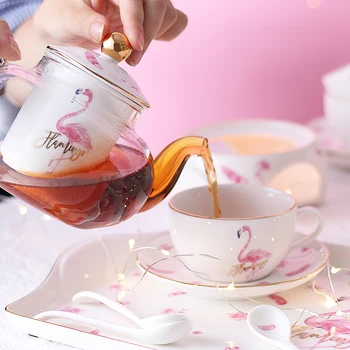 

Creative Flamingo Coffee Cup Tea Cups Espresso Saucer Set Reusable Silicone Mug Porcelain Hand Painted Xicara High Tea EE50BD
