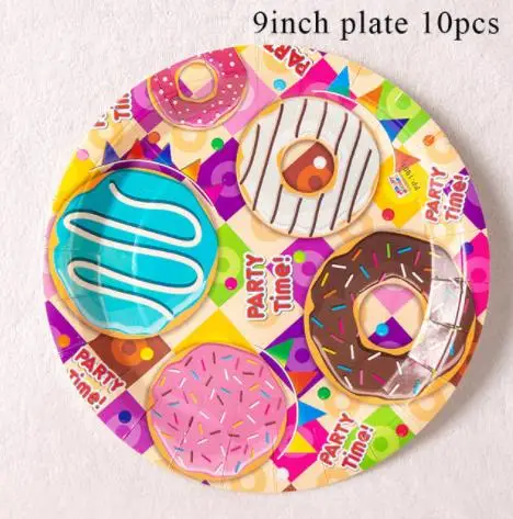 9inch plate 6pcs Hot Donut Theme Party Decoration Disposable Tableware Paper Cup Plate Napkins Banners girl Shower Kids Birthday Party Supplies - Цвет: 9inch plate 6pcs