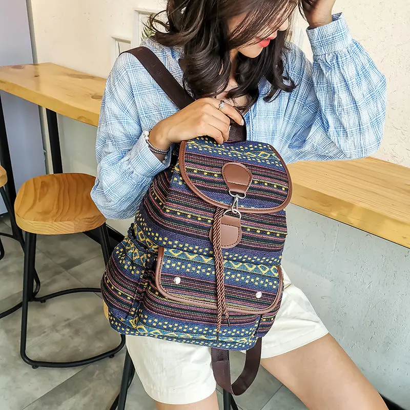 Women Backpack Bohemian Drawstring Bag Thai Woven Retro Bag Hippie Vintage Stripe Teen Girls School Bags 
